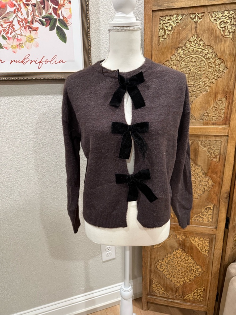 Women's Rachel ZoeDark Brown Bow-Front Sweater Cardigan NWOT 0010
